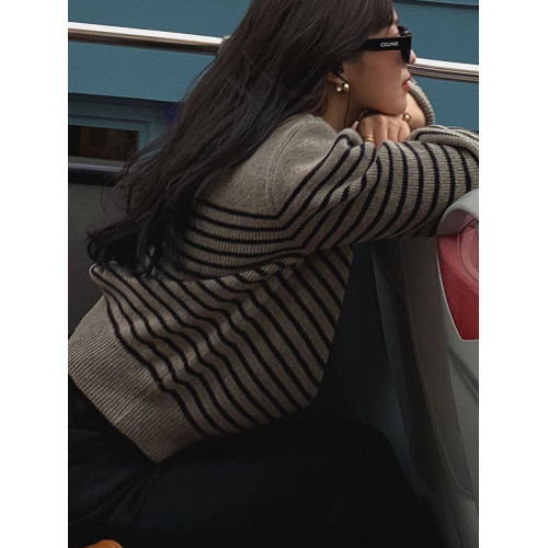 法式復古翻領半拉鍊條紋毛衣女秋冬軟糯慵懶氣質輕熟風針織衫上衣