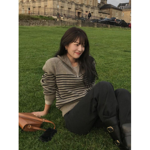 法式復古翻領半拉鍊條紋毛衣女秋冬軟糯慵懶氣質輕熟風針織衫上衣