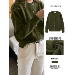 高級感森林綠色毛衣外套女大碼軟糯圓領浣熊絨毛針織開衫外套秋冬