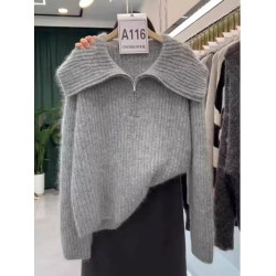 慵懶翻領寬松毛衣針織衫女2025冬季新款大碼胖mm歐貨長袖上衣外穿