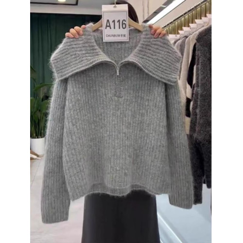 慵懶翻領寬松毛衣針織衫女2025冬季新款大碼胖mm歐貨長袖上衣外穿