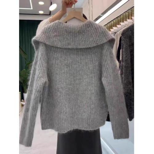 慵懶翻領寬松毛衣針織衫女2025冬季新款大碼胖mm歐貨長袖上衣外穿