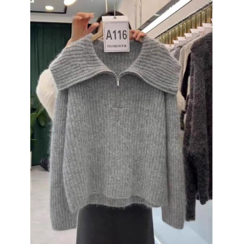 慵懶翻領寬松毛衣針織衫女2025冬季新款大碼胖mm歐貨長袖上衣外穿