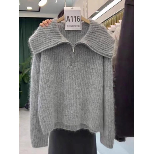 慵懶翻領寬松毛衣針織衫女2025冬季新款大碼胖mm歐貨長袖上衣外穿