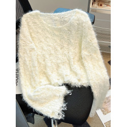 水貂毛短款毛衣女2025秋冬季圓領套頭軟糯慵懶風露肩性感針織上衣