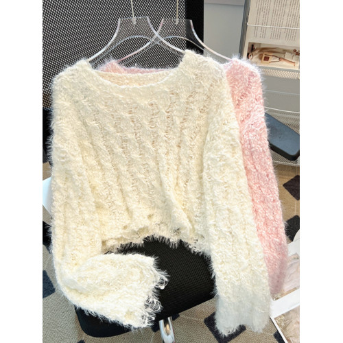 水貂毛短款毛衣女2025秋冬季圓領套頭軟糯慵懶風露肩性感針織上衣