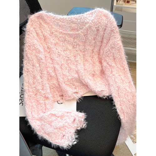 水貂毛短款毛衣女2025秋冬季圓領套頭軟糯慵懶風露肩性感針織上衣