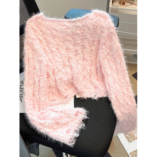 水貂毛短款毛衣女2025秋冬季圓領套頭軟糯慵懶風露肩性感針織上衣