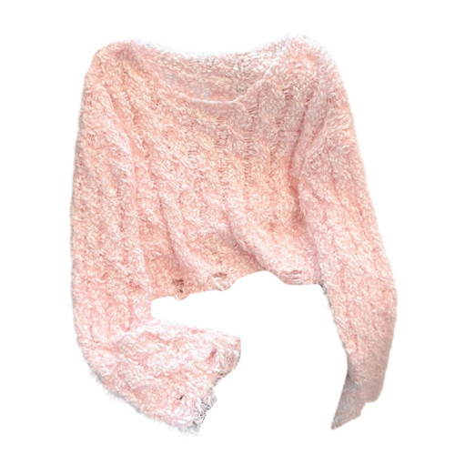 水貂毛短款毛衣女2025秋冬季圓領套頭軟糯慵懶風露肩性感針織上衣