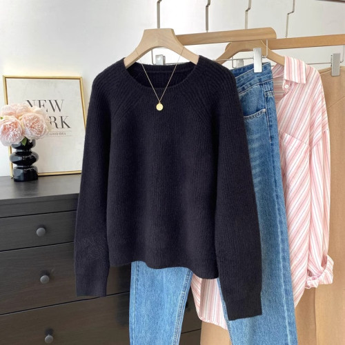 圓領插肩袖純色針織衫女2025秋冬新款曡穿毛衣慵懶風氣質穿搭上衣