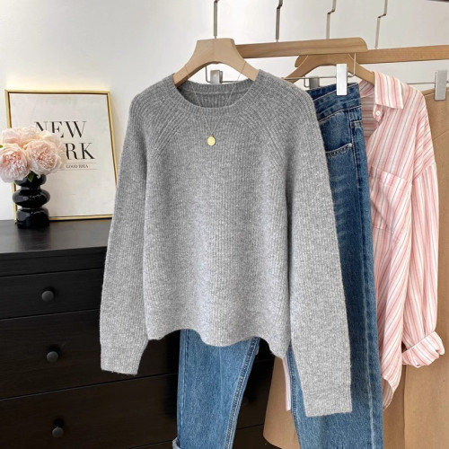 圓領插肩袖純色針織衫女2025秋冬新款曡穿毛衣慵懶風氣質穿搭上衣