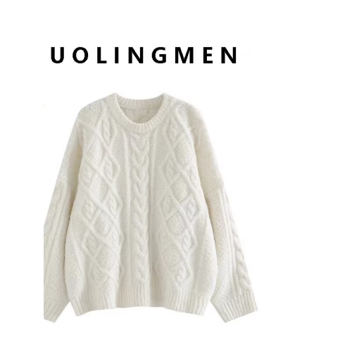 麻花毛衣女秋冬軟糯糯百搭奶白色圓領寬鬆套頭慵懶風外穿針織衫厚