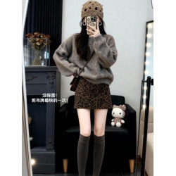 秋冬設計感慵懶風寬松毛衣女灰咖色高級感氣質加厚保暖針織衫上衣