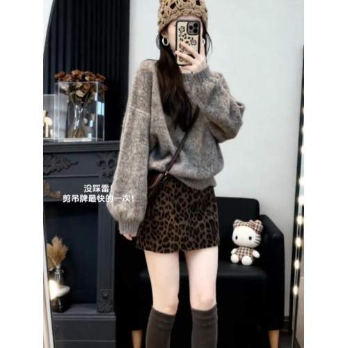 秋冬設計感慵懶風寬松毛衣女灰咖色高級感氣質加厚保暖針織衫上衣