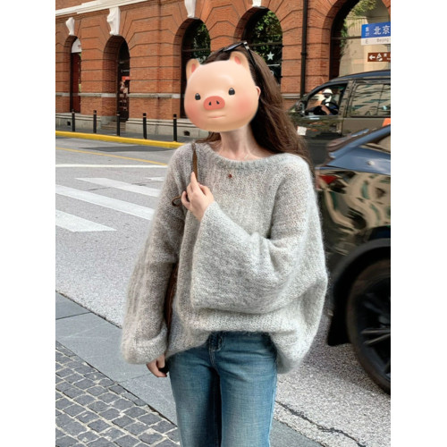 灰色圓領套頭軟糯馬海毛毛衣女款2025新款秋冬季慵懶風針織衫上衣