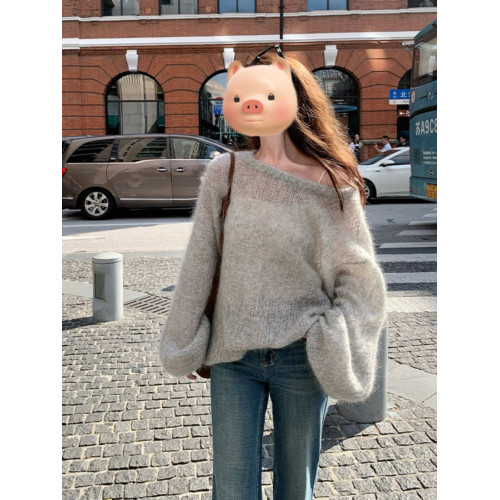 灰色圓領套頭軟糯馬海毛毛衣女款2025新款秋冬季慵懶風針織衫上衣