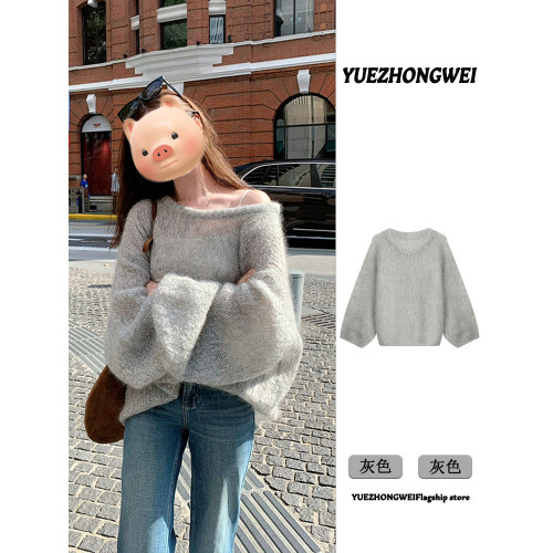 灰色圓領套頭軟糯馬海毛毛衣女款2025新款秋冬季慵懶風針織衫上衣