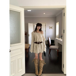 PPHOME時髦設計感斜肩長袖針織衫女秋辣妹露肩毛衣寬松中長款上衣