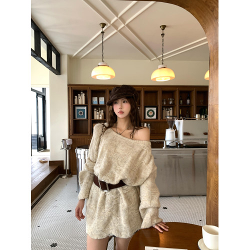 PPHOME時髦設計感斜肩長袖針織衫女秋辣妹露肩毛衣寬松中長款上衣