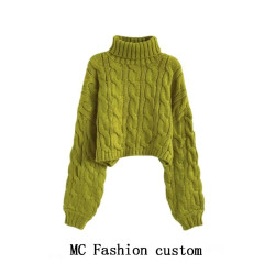 品牌折釦紅色高領套頭短款麻花毛衣女秋冬慵懶風寬松加厚針織外穿