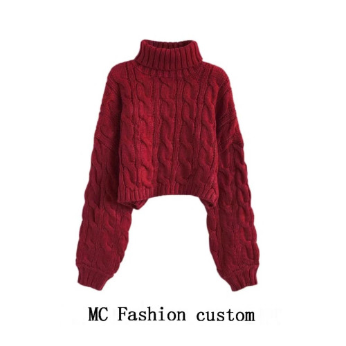 品牌折釦紅色高領套頭短款麻花毛衣女秋冬慵懶風寬松加厚針織外穿