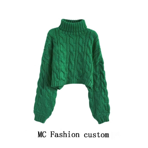 品牌折釦紅色高領套頭短款麻花毛衣女秋冬慵懶風寬松加厚針織外穿