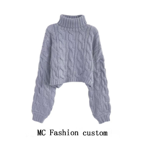 品牌折釦紅色高領套頭短款麻花毛衣女秋冬慵懶風寬松加厚針織外穿