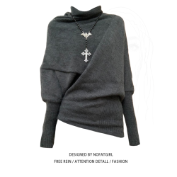 大碼胖MM慵懶風高領蝙蝠袖毛衣女秋冬季2025新款不規則針織衫上衣