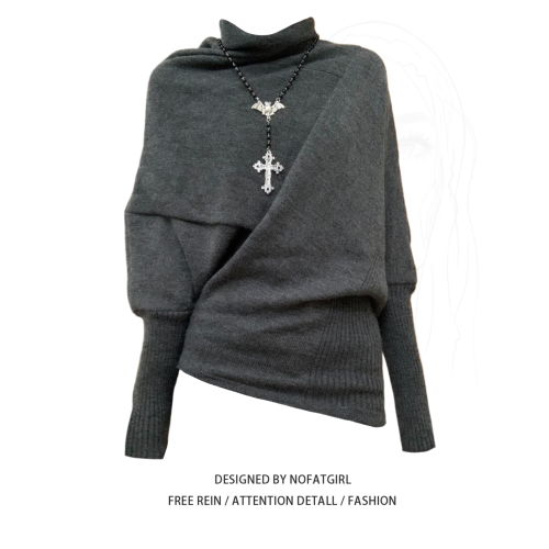 大碼胖MM慵懶風高領蝙蝠袖毛衣女秋冬季2025新款不規則針織衫上衣 大碼胖MM慵懶風高領蝙蝠袖毛衣女秋冬季2025新款不規則針織衫上衣