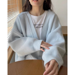 藍色奶系秋冬毛衣開衫女2023新款慵懶風寬松溫柔針織長袖外套上衣