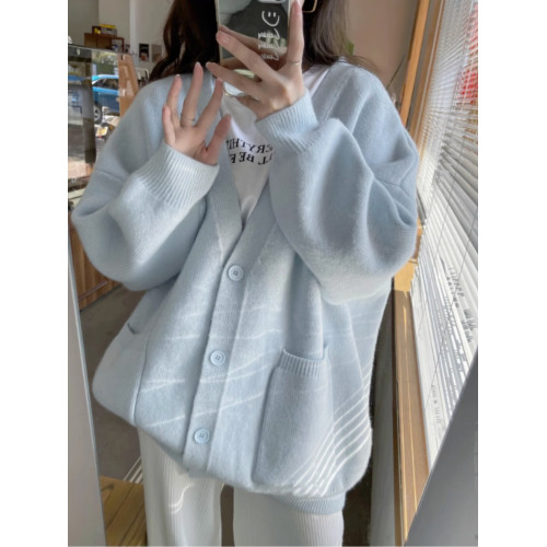 藍色奶系秋冬毛衣開衫女2023新款慵懶風寬松溫柔針織長袖外套上衣