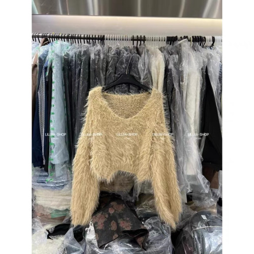 慵懶毛衣女時尚設計感毛絨V領針織衫寬松短款上衣