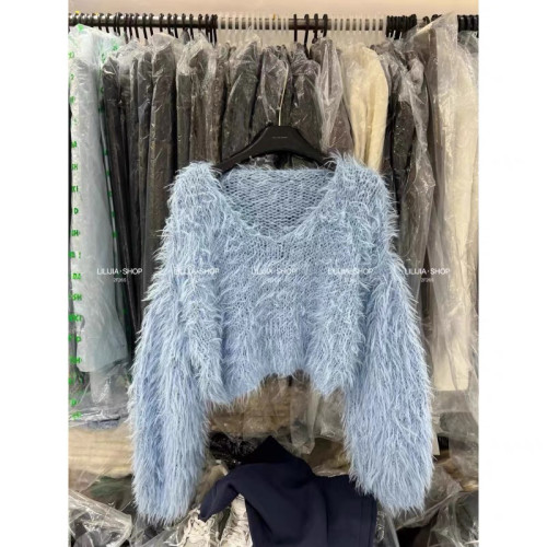 慵懶毛衣女時尚設計感毛絨V領針織衫寬松短款上衣