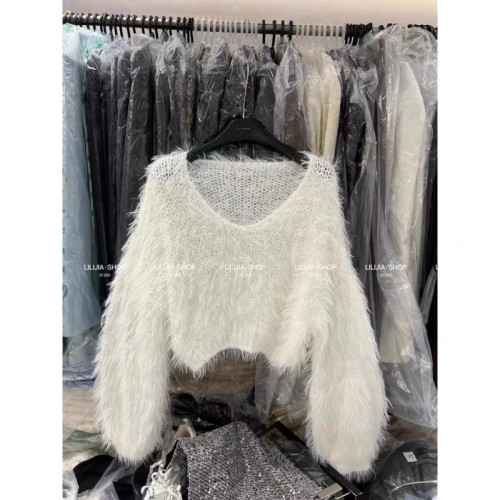 慵懶毛衣女時尚設計感毛絨V領針織衫寬松短款上衣