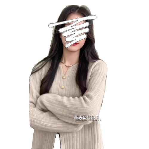 燕麥色v領正肩毛衣女士冬季新款小個子開叉秋春針織衫內搭打底衫
