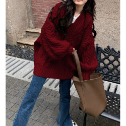 大碼胖MM慵懶風復古綠色麻花毛衣女秋冬慵懶軟糯V領百搭針織上衣