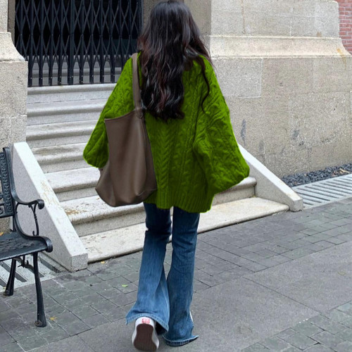 大碼胖MM慵懶風復古綠色麻花毛衣女秋冬慵懶軟糯V領百搭針織上衣