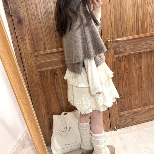 復古混色 粗針花邊 披肩鬭篷 毛衣開衫外套 K