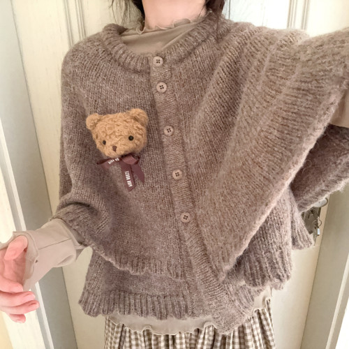 復古混色 粗針花邊 披肩鬭篷 毛衣開衫外套 K