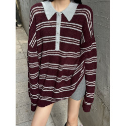 復古法式酒紅色條紋翻領套頭毛衣女秋冬外穿奶呼呼軟糯針織衫上衣