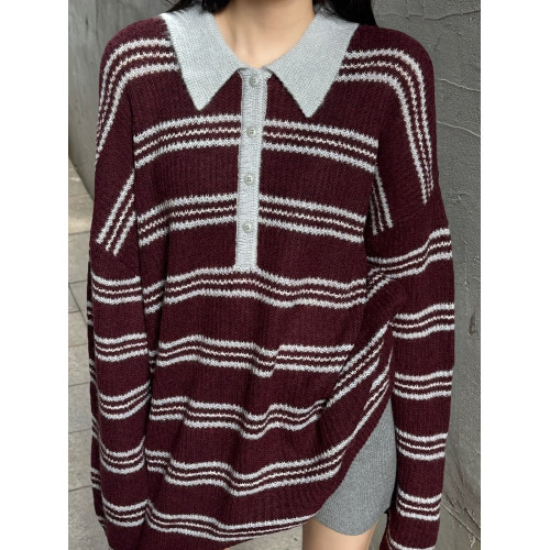 復古法式酒紅色條紋翻領套頭毛衣女秋冬外穿奶呼呼軟糯針織衫上衣