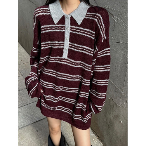 復古法式酒紅色條紋翻領套頭毛衣女秋冬外穿奶呼呼軟糯針織衫上衣