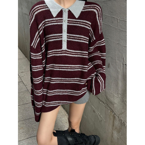 復古法式酒紅色條紋翻領套頭毛衣女秋冬外穿奶呼呼軟糯針織衫上衣
