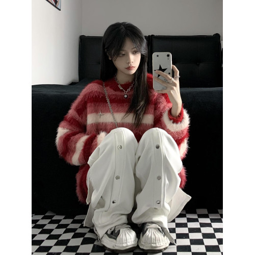 紅色條紋長絨軟糯仿貂毛套頭毛衣女慵懶馬海毛針織衫加厚外穿上衣 紅色條紋長絨軟糯仿貂毛套頭毛衣女慵懶馬海毛針織衫加厚外穿上衣