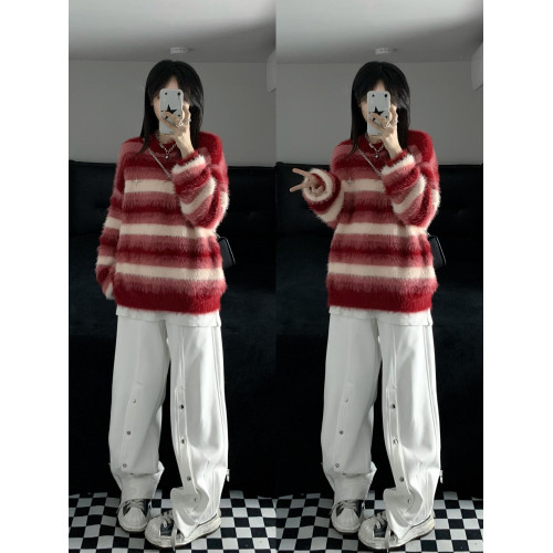 紅色條紋長絨軟糯仿貂毛套頭毛衣女慵懶馬海毛針織衫加厚外穿上衣 紅色條紋長絨軟糯仿貂毛套頭毛衣女慵懶馬海毛針織衫加厚外穿上衣