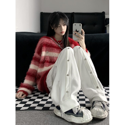 紅色條紋長絨軟糯仿貂毛套頭毛衣女慵懶馬海毛針織衫加厚外穿上衣 紅色條紋長絨軟糯仿貂毛套頭毛衣女慵懶馬海毛針織衫加厚外穿上衣