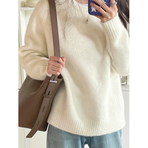 馬海毛軟糯毛衣女2025秋冬新款寬松慵懶風圓領內搭針織衫上衣外穿