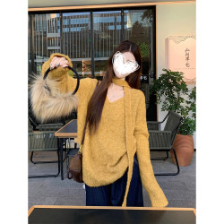MosesQueen魔西女王黃色寬松v領毛衣秋季針織衫慵懶風長袖上衣