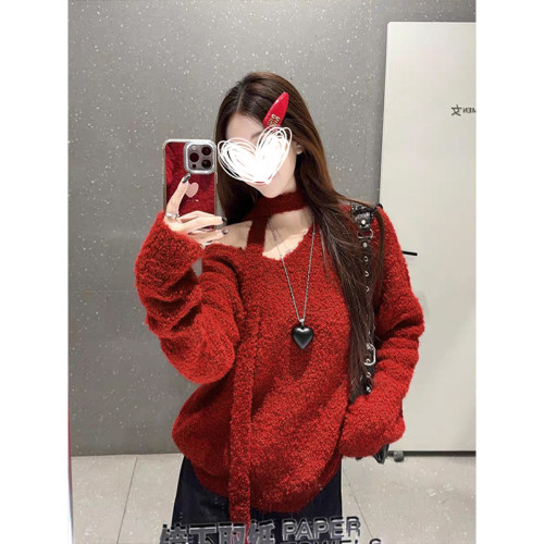 MosesQueen魔西女王黃色寬松v領毛衣秋季針織衫慵懶風長袖上衣