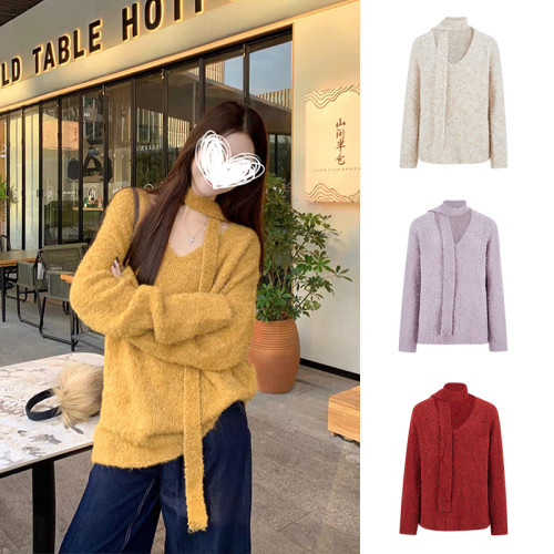 MosesQueen魔西女王黃色寬松v領毛衣秋季針織衫慵懶風長袖上衣